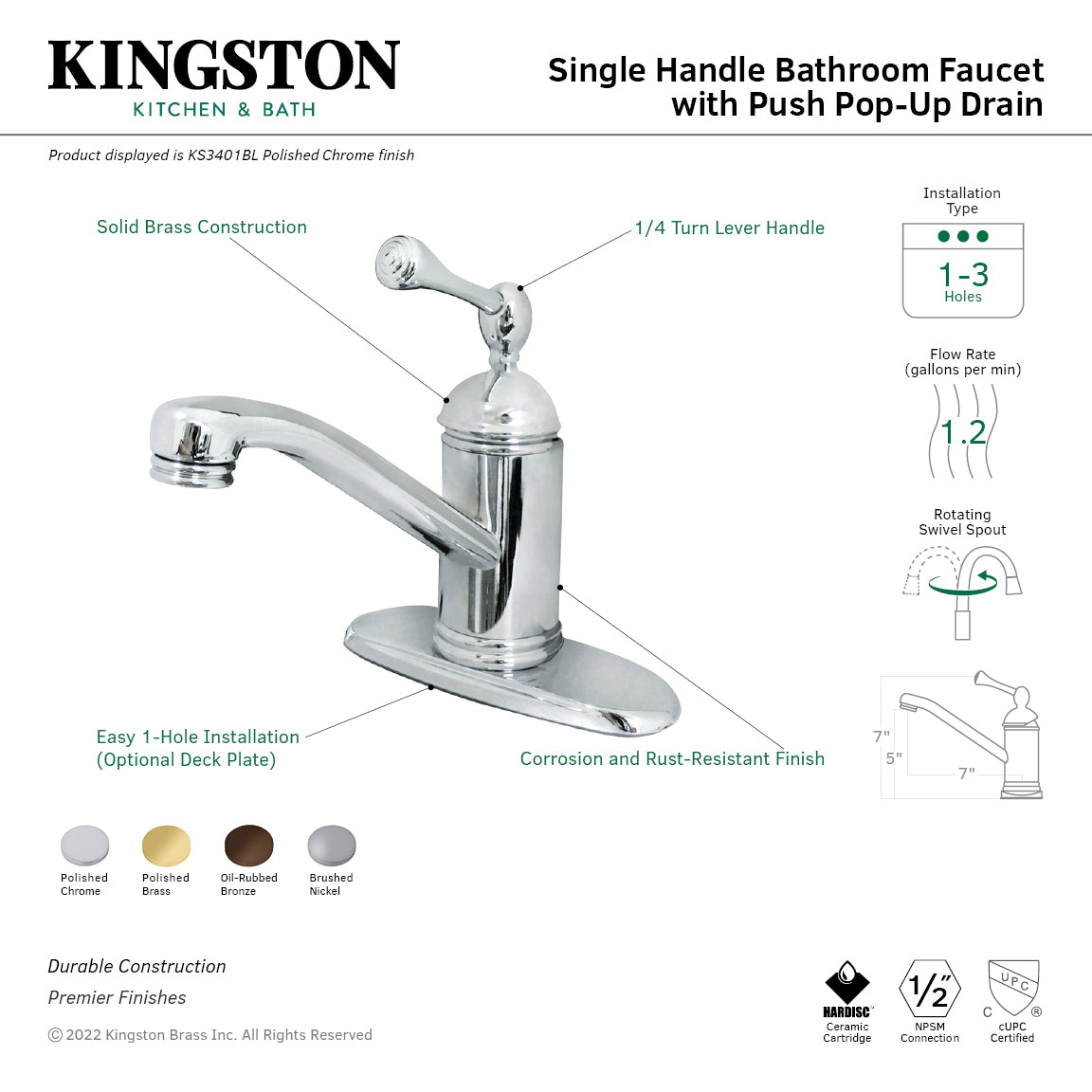 Kingston Tulare KS3405BLOne-Handle 1-Hole Bathroom Faucet with Deck Plate and Push Pop-Up Drain, Oil Rubbed Bronze — thumbnail 2
